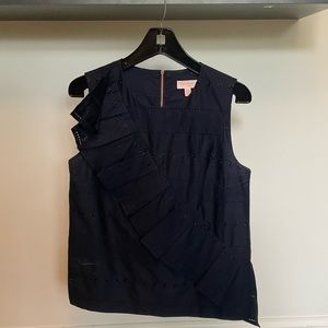 Ted Baker London Navy Tank Eyelet Blouse with Ruffles and Rose Gold Zipper